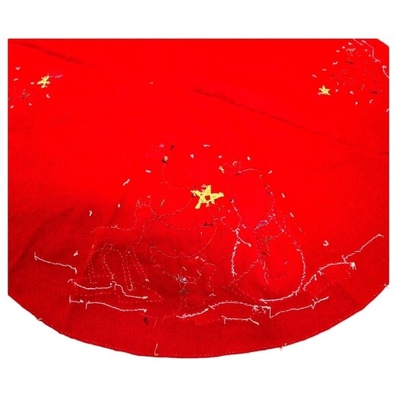 Vtg Red Felt Christmas Tree Skirt 34" Snowman Reindeer Sequin Embroidery Decor - Picture 7 of 12